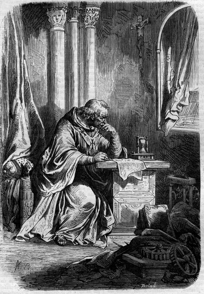 Kardinal, Liebhaber von Päpstin Johanna (Papst von 855 bis 858). Gravur in „Histoire des papes-rois-reines-et-empereurs à travers les siècles“ von Maurice Lachatre von French School