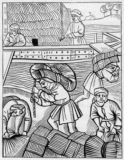 Heutransporter im Mittelalter. Gravur in „La Marine et les colonies: commerce“ von French School