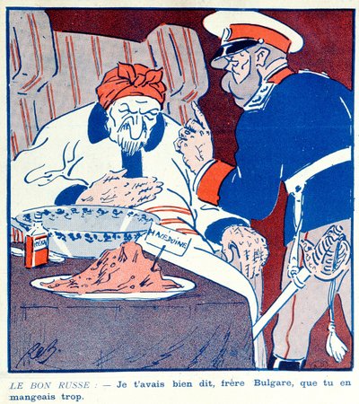 Karikatur, die das gierige Verhalten Bulgariens bei der Aufteilung Mazedoniens während der Balkankriege 1912-13 kritisiert von French School