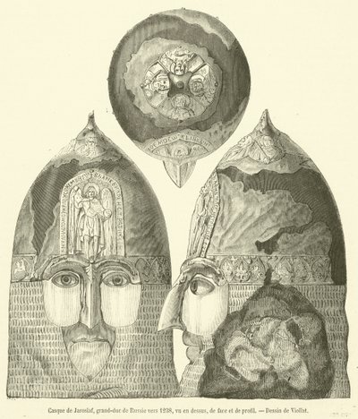 Helm von Jaroslaf, Großfürst von Russland um 1238, von oben, von vorne und im Profil von French School