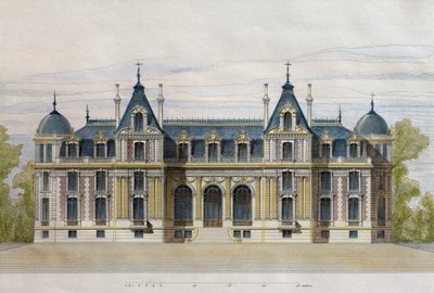 Schloss Neuflize der Gebrüder Pate, Gartenfassade, Illustration aus Le Moniteur des architectes, 1884, graviert von F. Penel von French School
