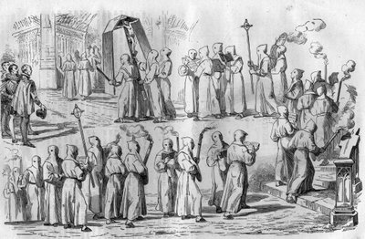Katholischer Spaß und Aberglaube. Prozession der Büßer während des Angriffs auf Rom durch Kaiser Otto I. den Großen (912-973). Gravur in 