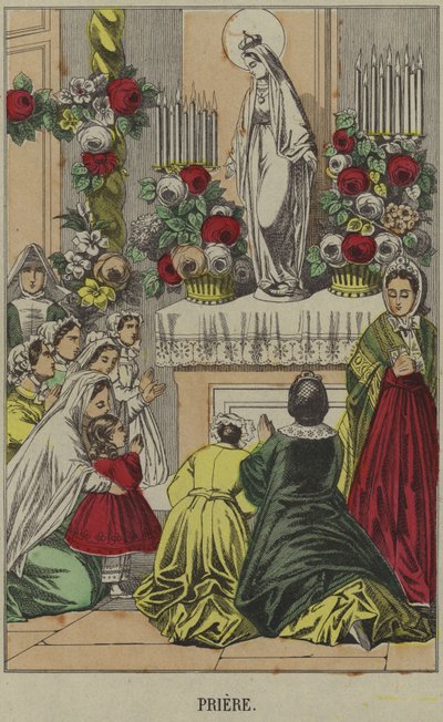 Katholiken beten vor einer Statue der Jungfrau Maria von French School