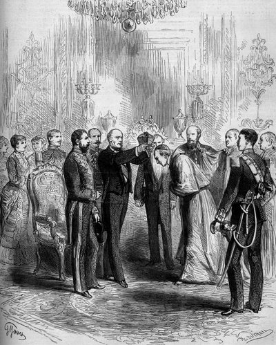 Zeremonie zur Verleihung der Kardinalsinsignien: Pier Francesco Meglia (1810-1883) erhielt den roten Kardinalsmantel, während Jules Grévy (1807-1891) die Kardinalsbarette auf seinen Kopf setzte. Paris, Palais de l