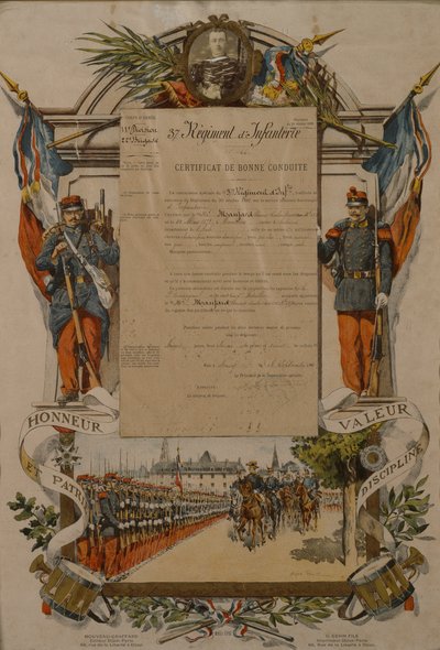 Zertifikat für gutes Benehmen, 37. Infanterieregiment, 1896 von French School