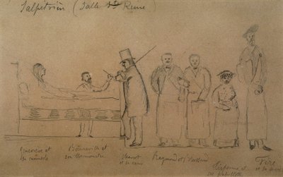 Charcot, gezeichnet von einem seiner Schüler. Von links nach rechts: Patientin Genevieve in einer Zwangsjacke, Doktor Desire Magloire Bourneville mit einem Thermometer, Jean Martin Charcot, Raymond und Brissaud, Me Tirperme und Charles Fere. Heilige Königi von French School