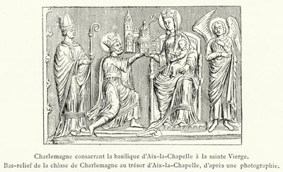 Karl der Große weiht die Basilika von Aachen der heiligen Jungfrau, Basrelief der Jagd Karls des Großen im Schatz von Aachen (Stich) von French School