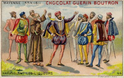 Charles, Herzog von Mayenne, spricht zu Mitgliedern der Katholischen Liga (Chromolithografie) von French School