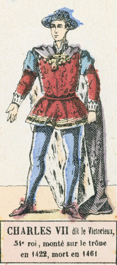 Karl VII genannt der Siegreiche, 54. König, bestieg den Thron 1422, gestorben 1461 (kolorierte Gravur) von French School