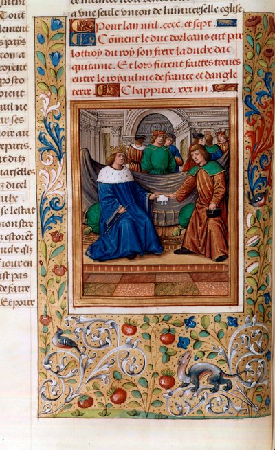 Karl VI. und Heinrich V. unterzeichnen den "Vertrag von Troyes" im Jahr 1420, Illustration aus den "Chroniques de Monstrelet" von French School