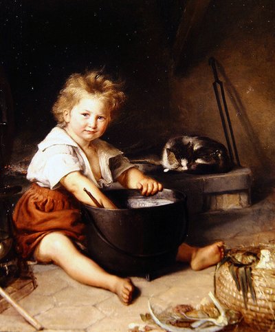 Kind mit Katze im Innenraum von French School