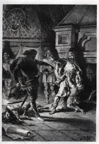 Childebert I. (ca. 498-558) beim Mord an den Erben seiner Brüder im Jahr 526 - Childebert I. lässt Chlothar die Kinder ihres Bruders Chlodomer, König von Orléans, massakrieren, deren Staaten sie teilen, 526 - Gravur aus „L