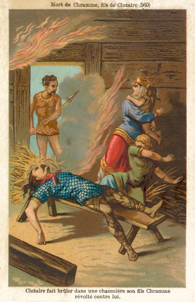 Chlothar I., König der Franken, verbrennt seinen rebellischen Sohn Chram und dessen Familie, 560 von French School