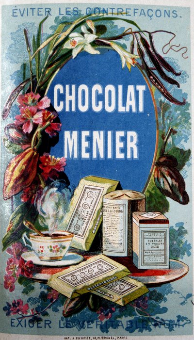 Schokoladenwerbung „Menier“ mit dem Hinweis „Vermeiden Sie Fälschungen“ von French School