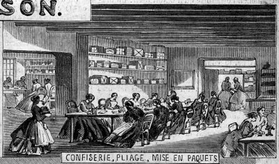 Schokoladenherstellung: Herstellung von Schokoladenbonbons, Faltwerkstatt und Verpackung. Fabrik von M. Masson, Paris von French School