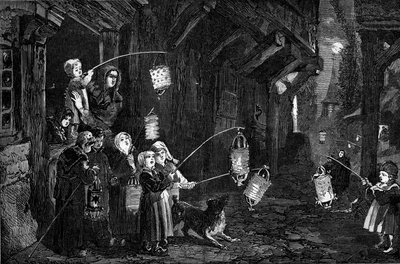 Christlicher Brauch - Epiphanie - 1860: Kinder eines Dorfes in der Normandie mit Laternen, die durch die Straßen gehen. Gravur in „Le Monde Illustré“ Nr. 143 vom 7. Januar 1860. von French School
