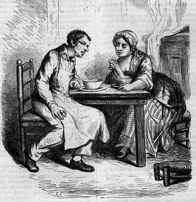 Christophe und die dicke Sylvie: Diener beim Frühstück. Gravur Mitte des 19. Jahrhunderts. Illustration für „Der Vater Goriot“ von Honore de Balzac (1799-1850). von French School