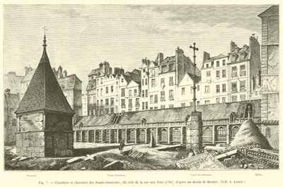 Friedhof und Beinhäuser der Saints-Innocents, von der Rue aux Fers aus gesehen, 1780, nach einer Zeichnung von Bernier, Sammlung A. Lenoir von French School