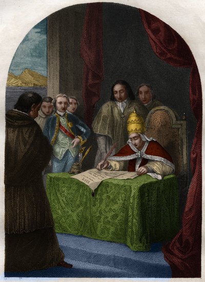 Clement XIV (1705-1774) hebt die Gesellschaft der Jesuiten am 21. Juli 1773 auf. Gravur von 1842 in „Histoire des papes: crimes, murders, poisonings, parricides, adulteres, incest...“ von Maurice Lachatre. Private Sammlung. von French School
