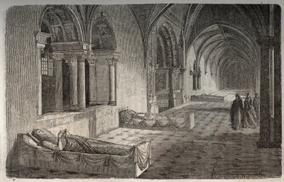 Kreuzgang von Fontevrault mit Statuen von Heinrich II. - Eleonore von Aquitanien - Gravur in „Histoire de France“ von Victor Duruy (1811-1894) - 1882 von French School