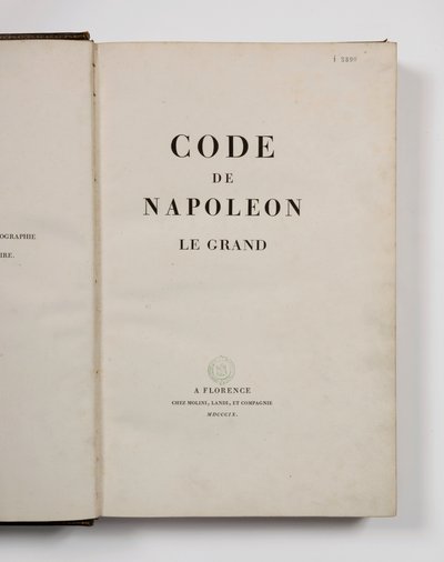Code Napoléon des Großen, aufgeschlagen auf der Titelseite, veröffentlicht in Florenz, Molini, Landi et Cie, 1809 von French School