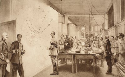 Kommandant und Stab der französischen Luftfahrtabteilung verfolgen den Fortschritt eines Gotha-Angriffs auf Paris, 1914-19 von French School