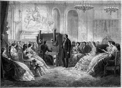 Konzert des „Piano-Elektromotor-Orchesters“ von seinem Erfinder J.B. Schalkenbach, in Anwesenheit von Napoleon III. und Kaiserin Eugénie de Montijo. Palais de Saint-Cloud von French School