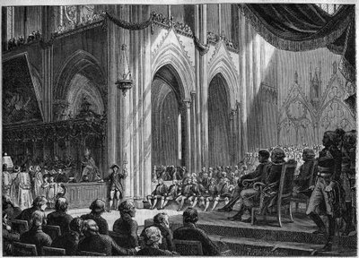 Konkordat von 1801 - Wiedereinführung der katholischen Riten, Ostern, 8. April 1802 Notre-Dame von Paris - Offizielle Wiederherstellung der Kulte in Anwesenheit von Bonaparte: Te Deum in Notre Dame von French School
