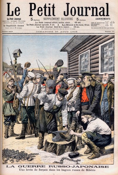 Sträflinge in Sibirien werden zum Kampf im Russisch-Japanischen Krieg eingezogen. Russisch-Japanischer Krieg. Ein Aufstand von Sträflingen in den russischen Straflagern von Sibirien. Illustration für Le petit Journal, 27. August 1905. von French School