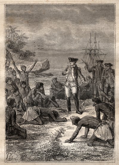 Empfang von Cook durch die Eingeborenen - Dritte Reise von James Cook - Cook wird von den Eingeborenen begrüßt - Dritte Reise von James Cook im Pazifischen Ozean - Illustration aus „Die großen Seefahrer des 18. Jahrhunderts“ von Jules Verne von French School
