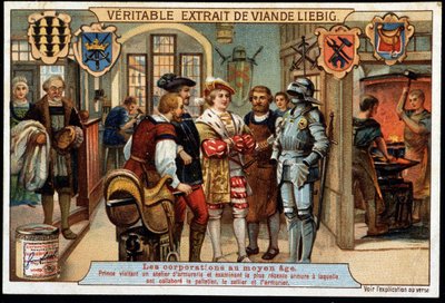 Zünfte im Mittelalter: Prinz besucht eine Rüstkammerwerkstatt und untersucht die neueste Rüstung, an der der Pelzmacher, Sattler und Büchsenmacher gearbeitet haben von French School