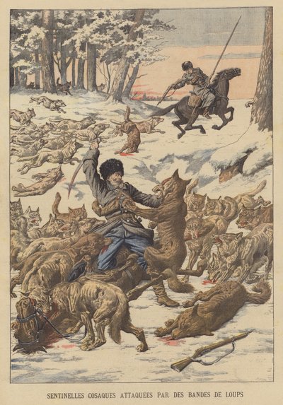 Kosakenwachen von Wolfsrudeln in der Mandschurei angegriffen von French School