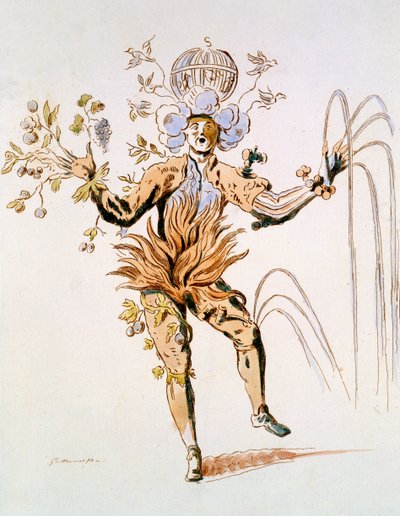 Kostümentwurf für die vier Elemente in einem höfischen Ballett des 17. Jahrhunderts, Faksimile von Guillaumot fils (handkolorierter Stich) von French School
