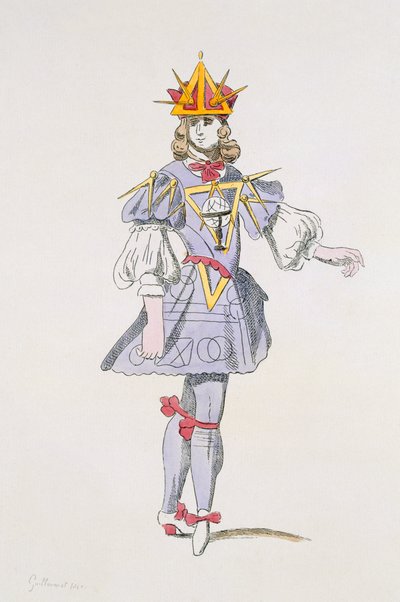 Kostümentwurf für Geometrie in einem höfischen Ballett des 17. Jahrhunderts, aus der Menus Plaisirs Sammlung, Faksimile von A. Guillaumot Fils (Farbstich) von French School