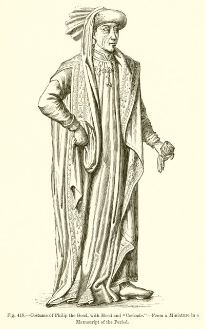 Kostüm von Philipp dem Guten, mit Kapuze und Kokarde von French School