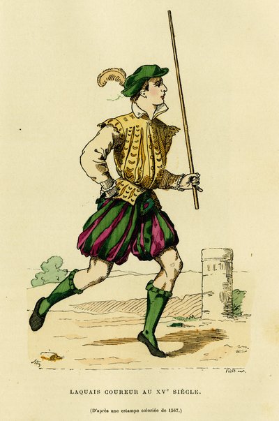 Kostüm des Läufers im 15. Jahrhundert, beauftragt, vor der Kutsche zu laufen, um die Straße freizumachen und die Passage eines Adligen oder Herrn anzukündigen. Farbgravur, in „Frankreich und die Franzosen durch die Jahrhunderte“ von Augustin Challamel, F.  von French School