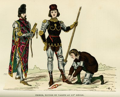 Kostüme des Prinzen, seines Schildträgers und seines Dieners, im 15. Jahrhundert. Farbgravur, in „Frankreich und die Franzosen durch die Jahrhunderte“ von Augustin Challamel, F. Roy Herausgeber, Paris 1882. Sammlung Selva. von French School