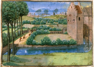 Flämische Landschaft mit einer Wassermühle im Vordergrund und einer Windmühle im Hintergrund, aus der 