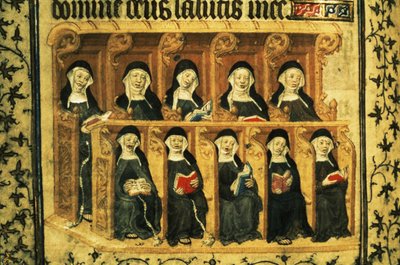 Cott Dom A XVII f.74v Nonnen in einem Chorgestühl, aus dem Psalter von Heinrich VI., Paris von French School