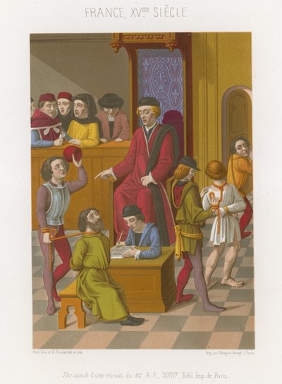 Gerichtsszene mit einem Mann, der mit einem Seil um den Hals gehalten wird von French School