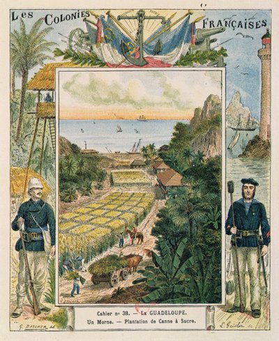 Deckblatt eines Schulheftes, das eine Zuckerrohrplantage in Guadeloupe darstellt, 1892 von French School