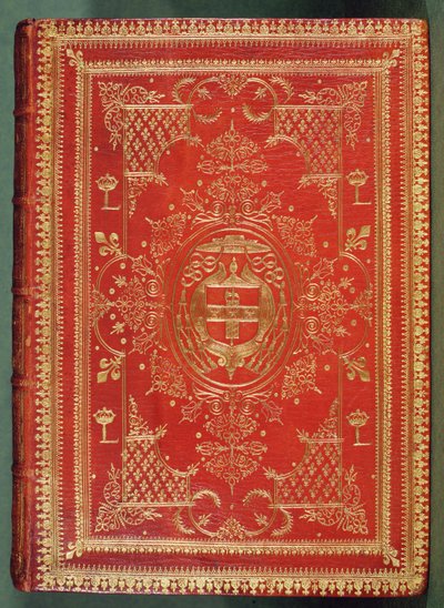 Einband eines Buches von Kardinal Mazarin, mit den Wappen der Kardinäle Sterne und Rutenbündel, überragt vom Galero-Hut und Quasten eines Kardinals von French School