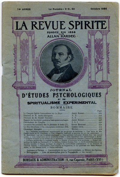Titelblatt einer Ausgabe von „La revue spirite“, Porträt des Gründers Allan Kardec, Zeitschrift von Oktober 1931 von French School