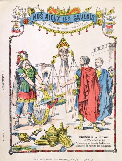 Umschlag eines Schulheftes, der die Legende von Brennus darstellt von French School