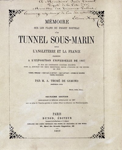 Deckblatt des „Memoire über die Pläne des neuen Projekts eines Unterwassertunnels zwischen England und Frankreich, präsentiert auf der Weltausstellung 1867“ von M.A. Thome de Gamond von French School