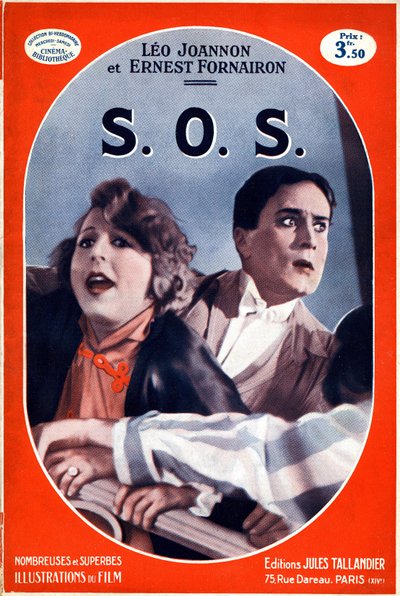 Titelbild des Buches S.O.S. (SOS) mit einem Bild des gleichnamigen Films von Carmine Gallone. Illustration des Akronyms für Hilferuf, Notsignal aus dem Morsealphabet, das 1908 in Kraft trat. Ausgabe Jules Tallandier (Litho) von French School
