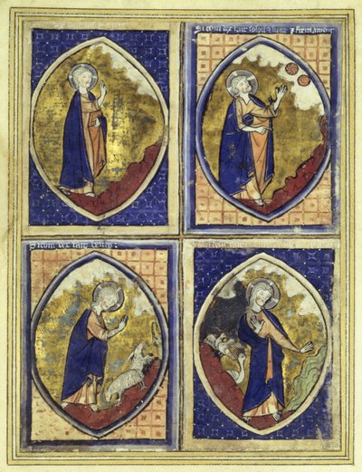 Schöpfung des Firmaments, Schöpfung der Sonne und des Mondes, Schöpfung der Tiere, Schöpfung der Vögel, spätes 13. Jahrhundert von French School