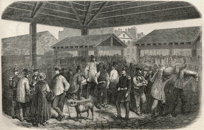 Cree de la viande de boucherie auf dem Markt der Rue des Prouvaires im 1. Arrondissement von Paris - Gravur in „Tableau-de-Paris“ von Edmond Texier 1852 von French School