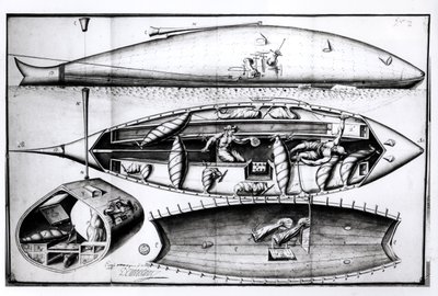 Querschnitt eines U-Boots, aus einem Manuskript, März 1689 von French School