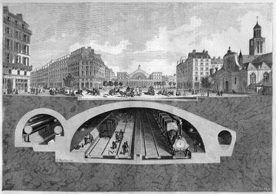 Querschnitt des unterirdischen Eisenbahnprojekts in Paris, von der Vilette zu den zentralen Hallen, 1861. Gravur in „Le Monde Illustré“ Nr. 213 vom 11. Mai 1861 von French School